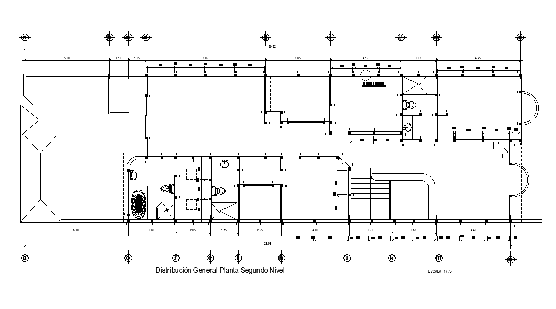 Column Layout Of 40x11m First Floor House Plan Is Given In This Autocad Drawing Model Download