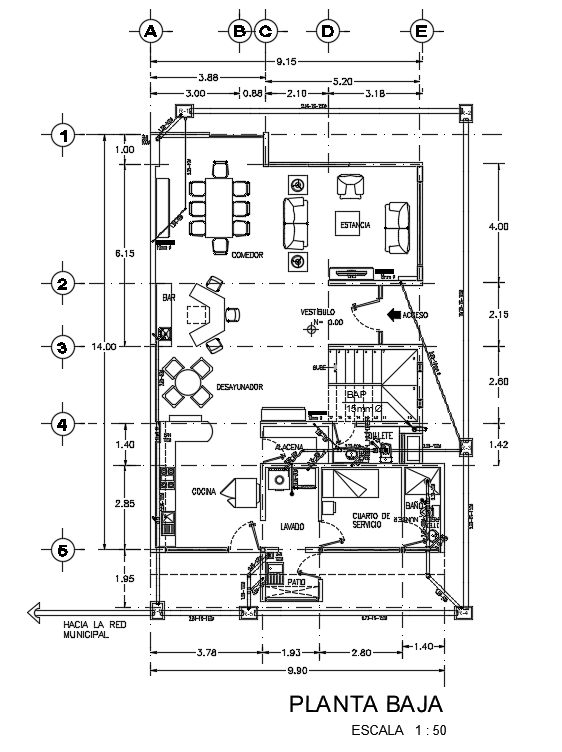 Column Layout Of 9x14m Ground Floor House Plan Is Given In This Autocad Drawing Filedownload