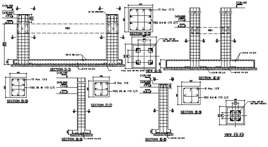 Combine Footing Pad Foundation And Column Section Drawing DWG File