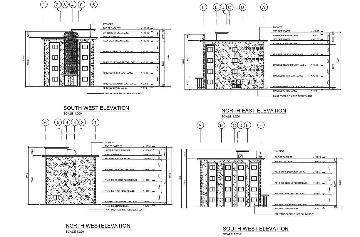 Commercial Building Four Side Elevation With Dimension CAD File - Cadbull