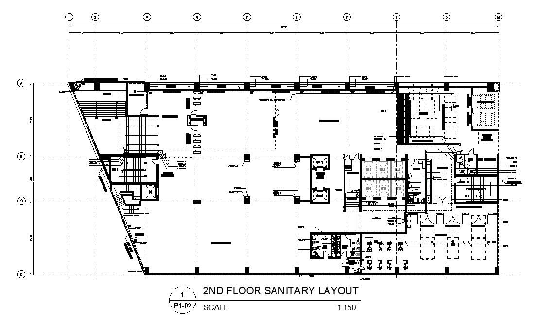 Commercial building second-floor sanitary layout cad drawing is given ...