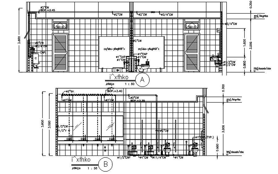 Commercial toilet Elevation diagram with wall tile marking and section ...