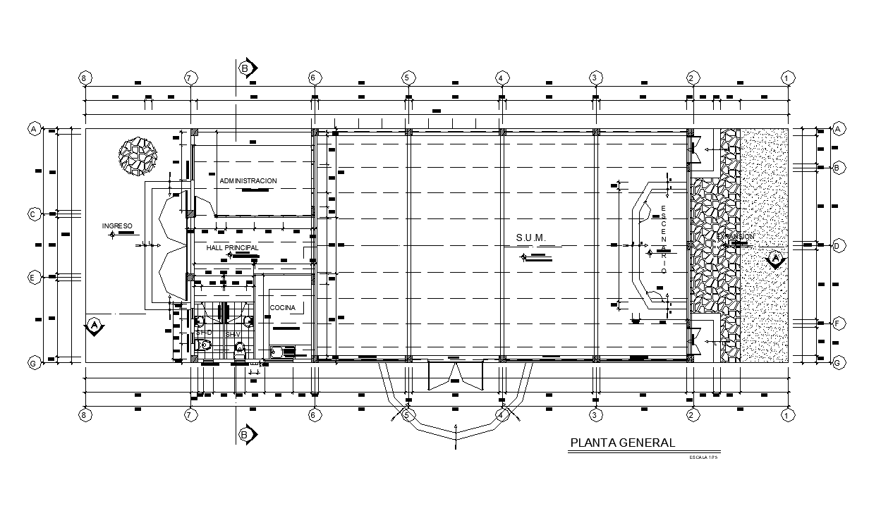 Communal hall detail plan 2d view layout autocad file - Cadbull