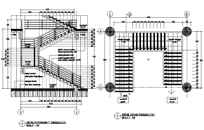 Concert stair plan and section detail dwg file - Cadbull