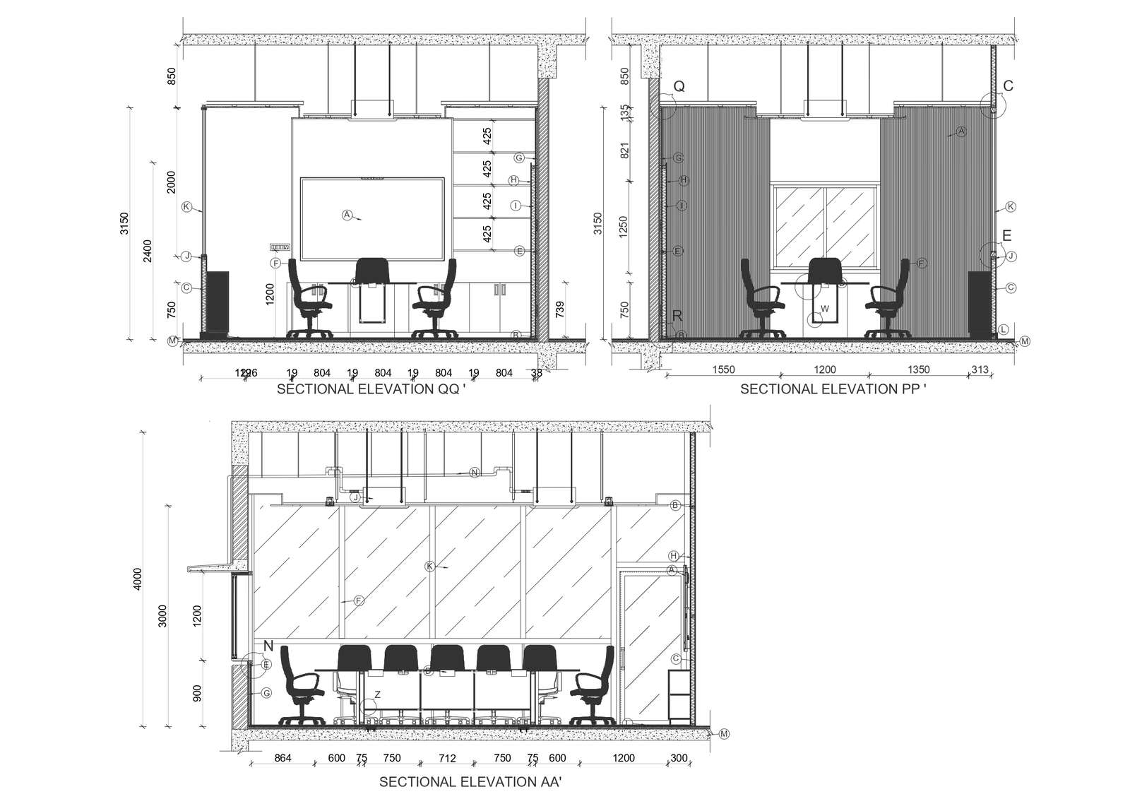 Conference room elevation design with furniture details and section ...