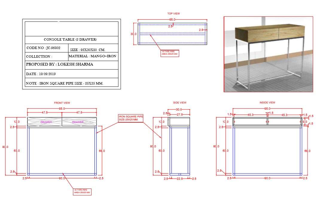 Console Table 95x30x80 CM For CAD Drawing PDF File - Cadbull