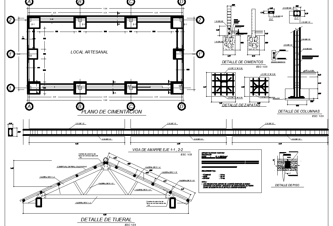 Construction building plan, elevation and section detail, with beam ...