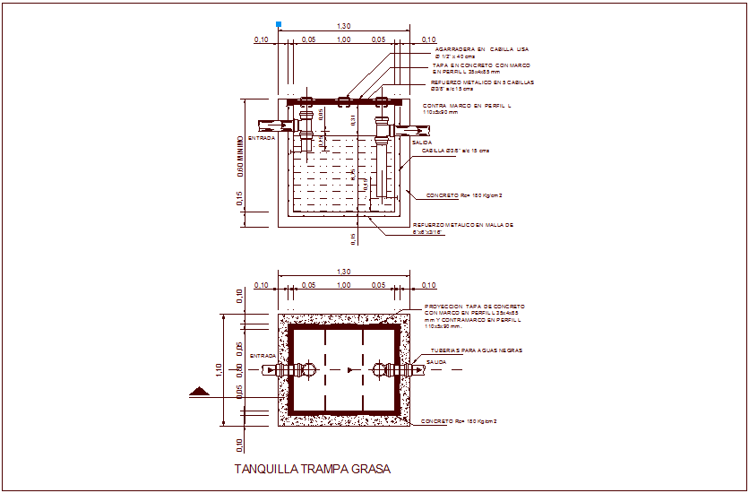 Construction view of grease tank with plan and elevation dwg file Cadbull