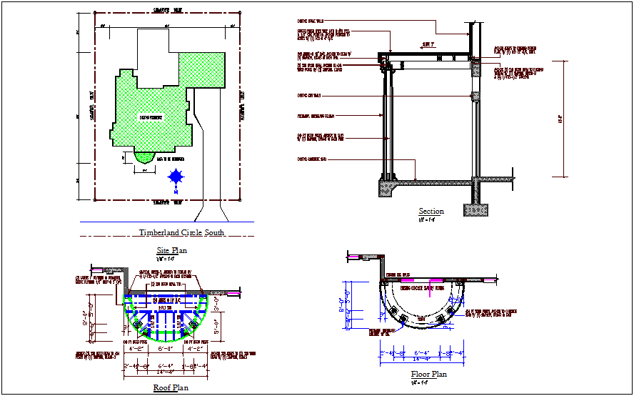 Construction view of roof and floor plan with section view dwg file