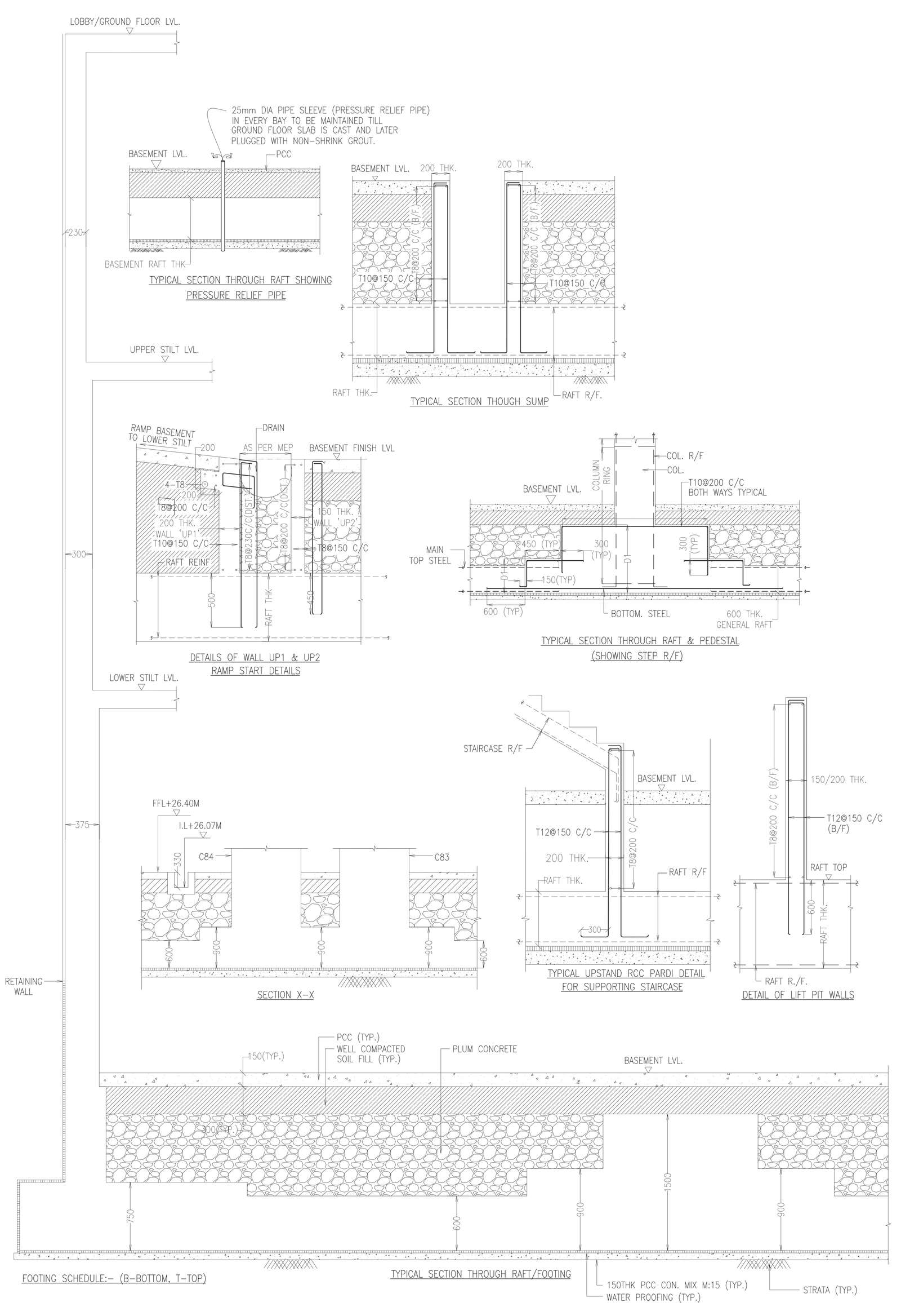 Construction details of raft foundation, footing detail and sump detail ...