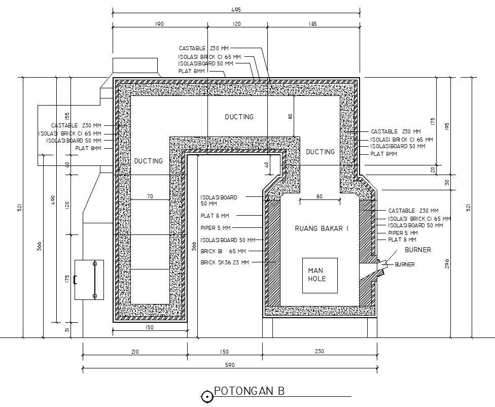 Cross Section B Of The Incinerator Structure With Dimensions And Details In Autocad 2d Drawing 4531
