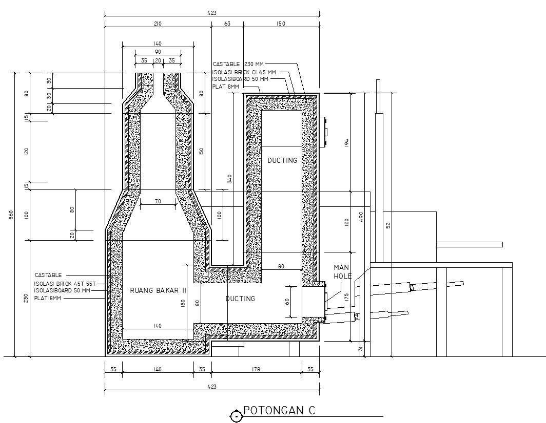 Cross Section C Of Incinerator Structure With Dimensions And Details In Autocad 2d Drawing Cad 3261