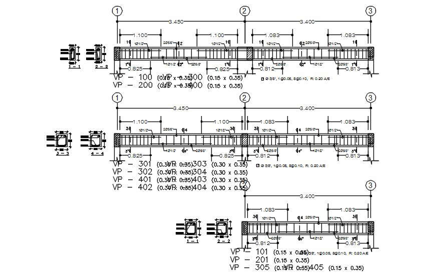 Cross Sections Of Beam Design With Reinforcement Details In Autocad 2d ...