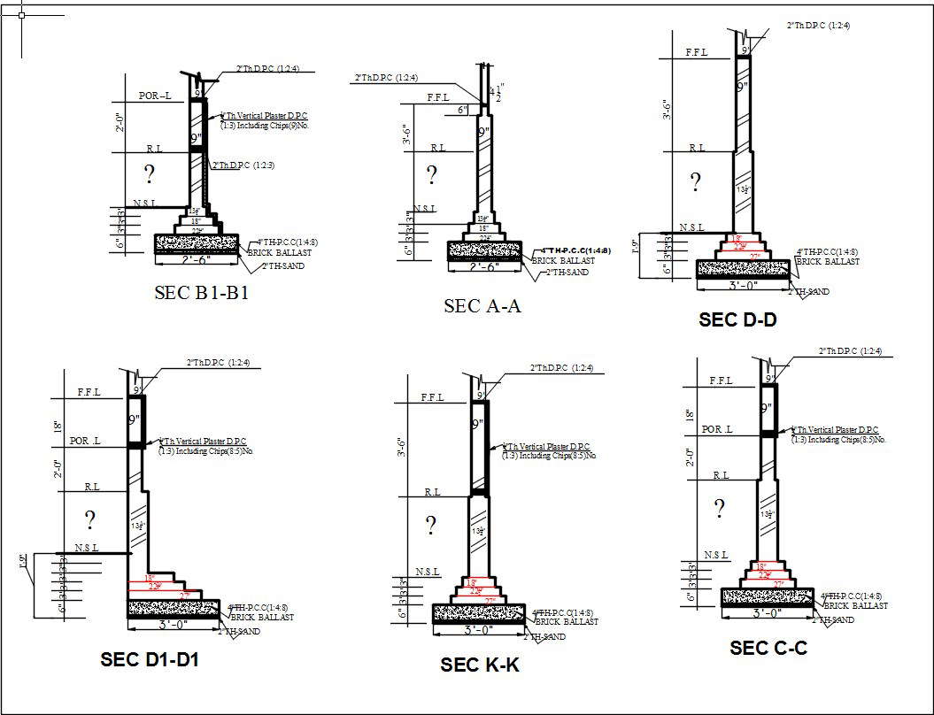 Cross Sections Of Footing Design With Dimension Details In Autocad Drawing Cad File Dwg File