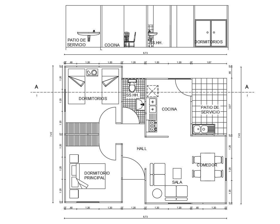 DWG Drawing Simple Floor Plan Of Bungalow With Internal Section Design ...