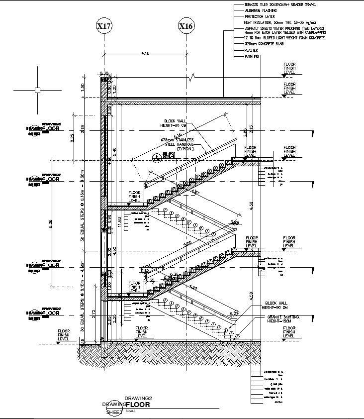 DWG File for Staircase Sectional Elevation Construction CAD Drawing ...