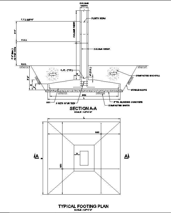 DWG File with Plan and Section CAD Drawings for Footing Design - Cadbull