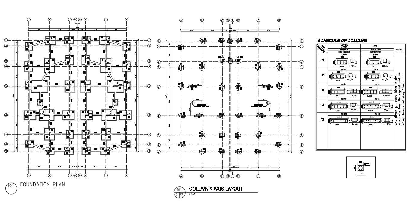 DWG drawing has the column & axis layout and foundation plan of the ...