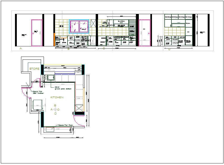 Design plan layout of kitchen and elevation plan view detail dwg file