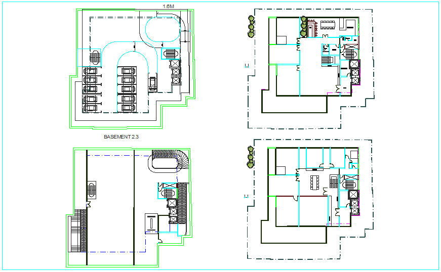 Design view of basement floor plan view for apartment building dwg file