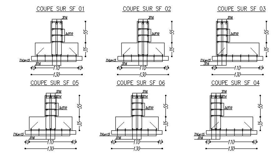 Design Of Footing Sections With Reinforcement Details In Autocad 2d Drawing Cad File Dwg File