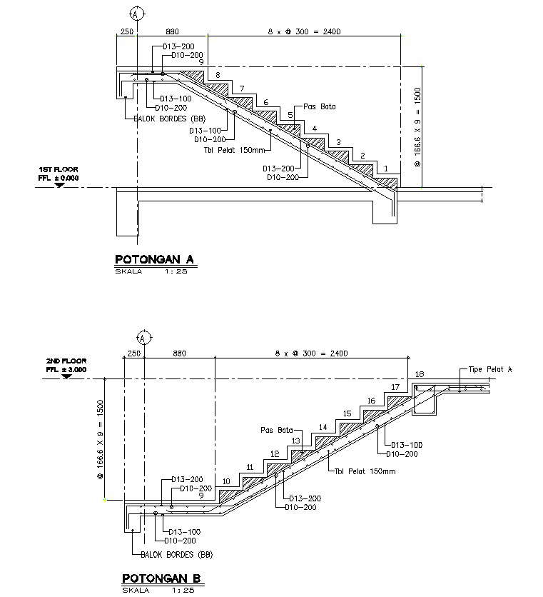 Design of section and elevation of the staircase in AutoCAD 2D drawing ...