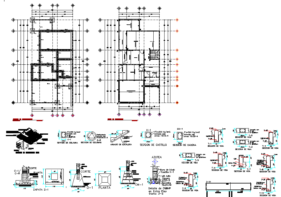 Detail of beam plan and section autocad file - Cadbull