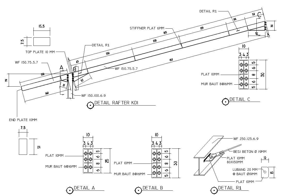 Detail design of rafter in AutoCAD 2D drawing, CAD file, dwg file