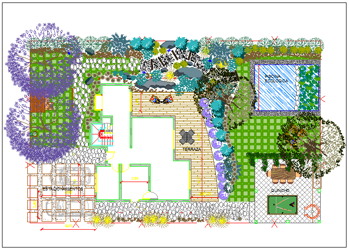 Detailed landscaping view of private home garden dwg file - Cadbull
