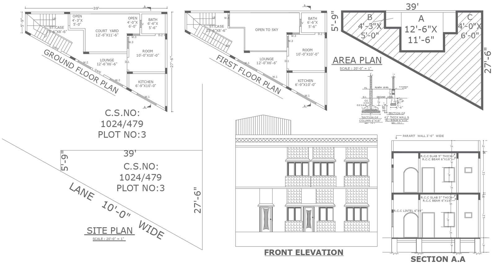 Detailed 1 BHK Residential House Floor Plan with Section and Elevation ...