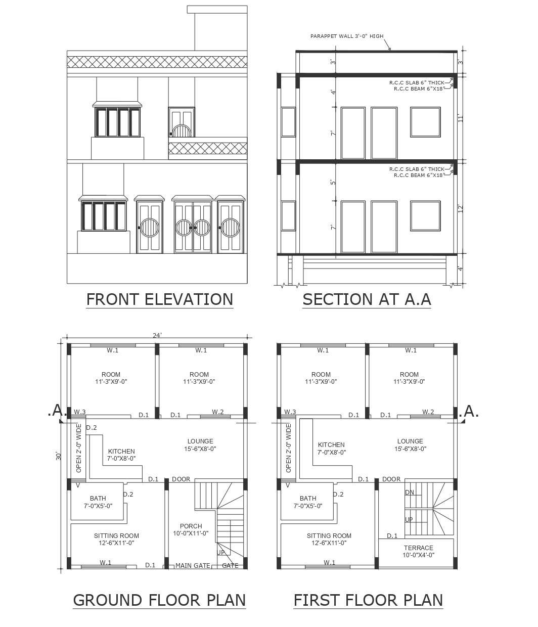 Detailed 2 BHK House Floor Plan with Section and Elevation In AutoCAD ...