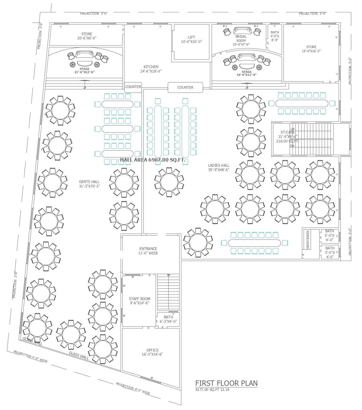 Detailed Marriage Hall Floor Plan with Seating Arrangement In AutoCAD ...