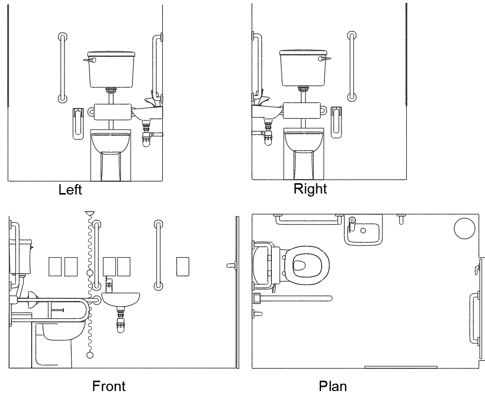 Detailed Plan and Elevation for Disabled Toilet Facility DWG File - Cadbull