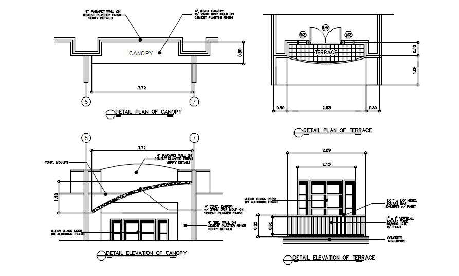 Detail Elevation Of Canopy And Terrace In AutoCAD 2D Drawing, Dwg File ...