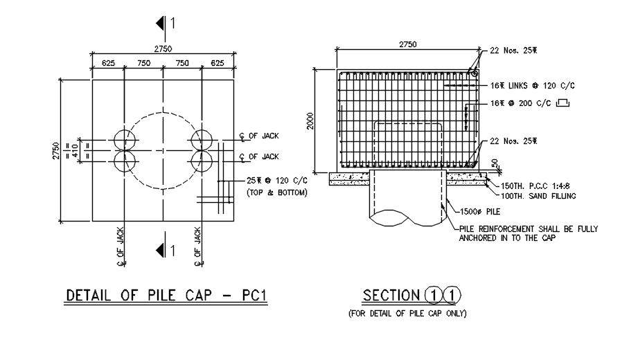 Detail of pile cap. Download the AutoCAD 2D file. - Cadbull