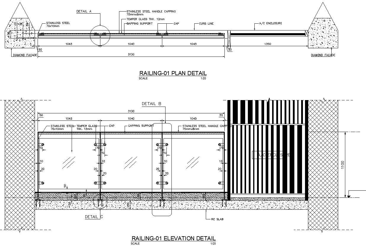 Detail plan and elevation of railing in AutoCAD drawing, CAD file, dwg ...