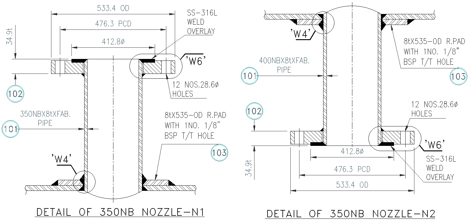 Details of 350 nb nozzle design dwg autocad drawing . - Cadbull