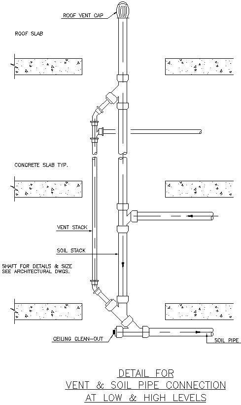 Details Of VENT SOIL PIPE CONNECTION AT LOW HIGH LEVELS In AutoCAD 