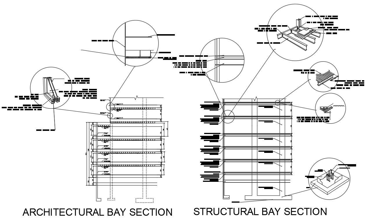 Details of structural bay section and architectural bay section given