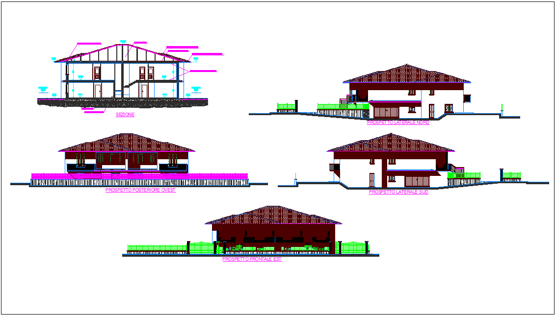 Different Axis Elevation And Section View For House Building Dwg File
