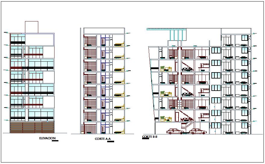 Different axis elevation and section view for multi family building dwg ...