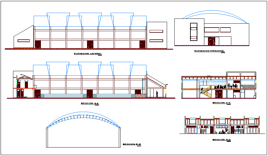 Different Axis Elevation And Section View For Multiple Use Room Dwg