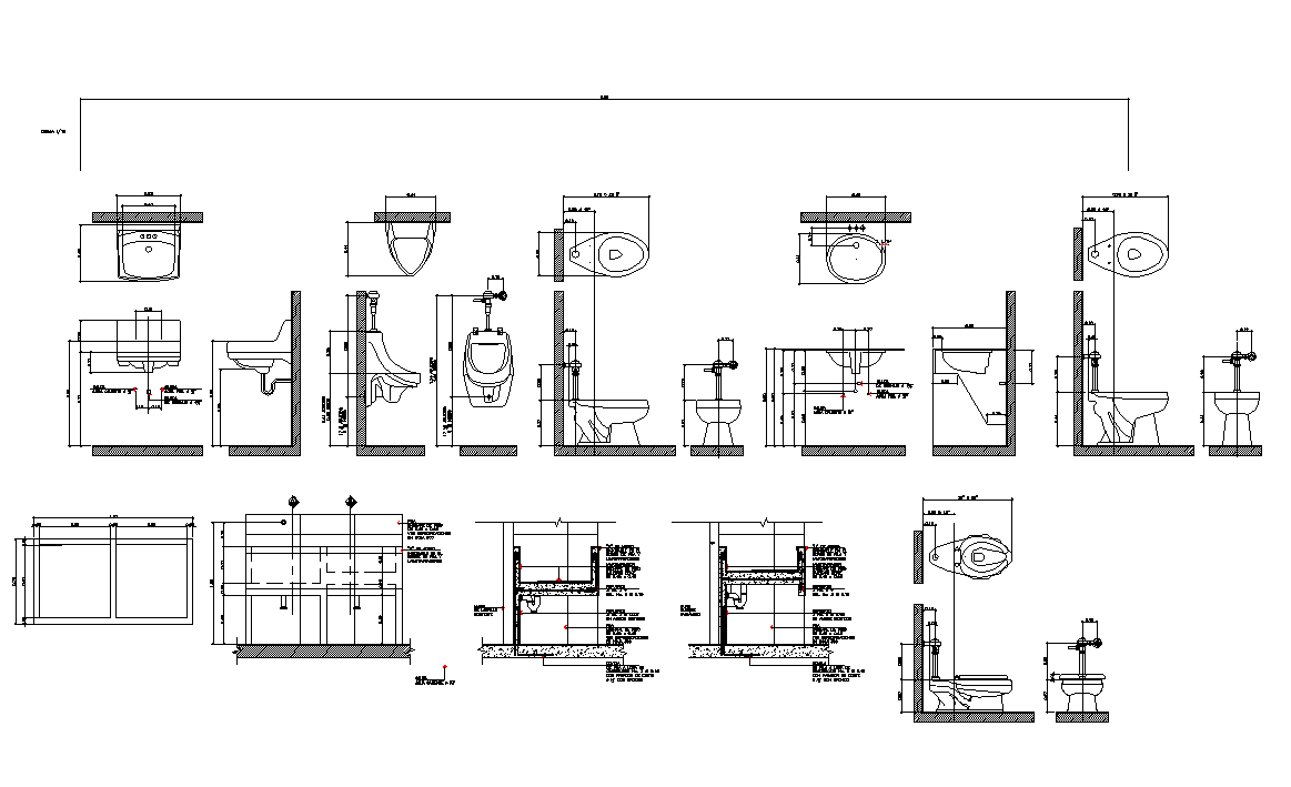 Different sanitary block detail elevation 2d view layout file - Cadbull