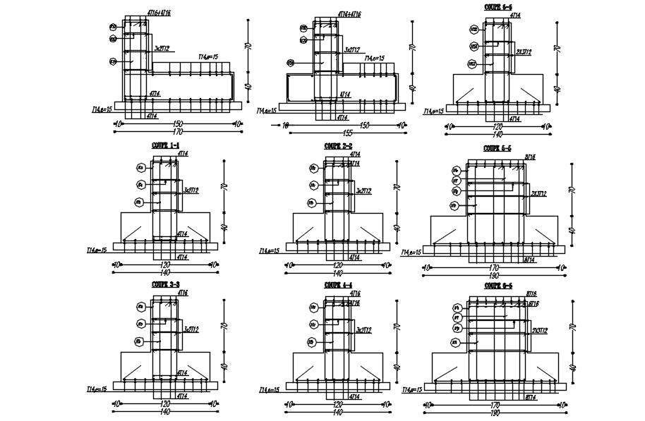 Different Cross Section Of Footing With Reinforcement Design In Detail Autocad 2d Drawing Cad