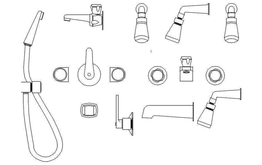 Different designs of faucets and shower CAD blocks in AutoCAD 2D ...