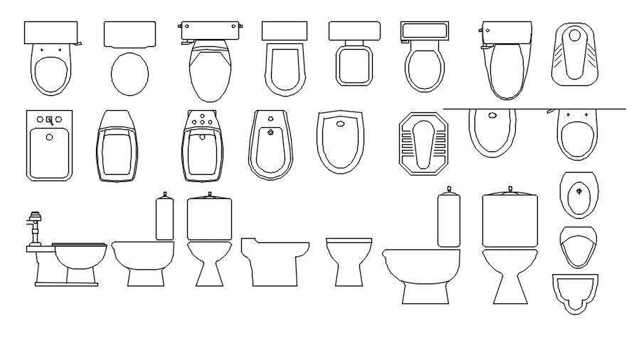 Different designs of toilet CAD blocks in AutoCAD 2D drawing, CAD file ...