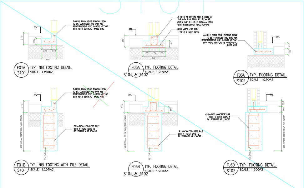 Different sections designs of footing detail in AutoCAD 2D drawing, CAD ...