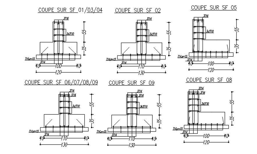 Different sections of Footing with reinforcement details in AutoCAD 2D ...