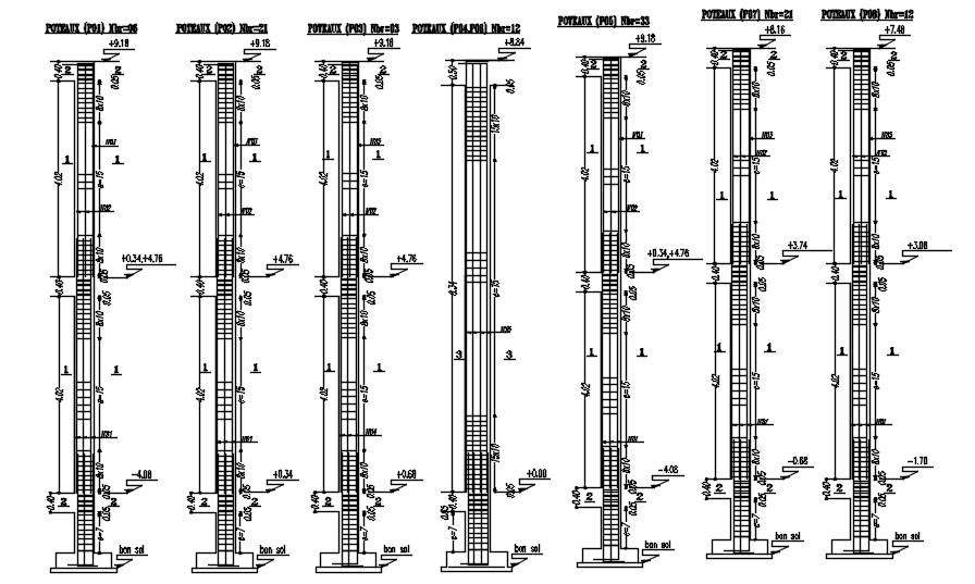 Different Sizes Of Column Sections With Reinforcement Details Design In Autocad 2d Drawing Cad 