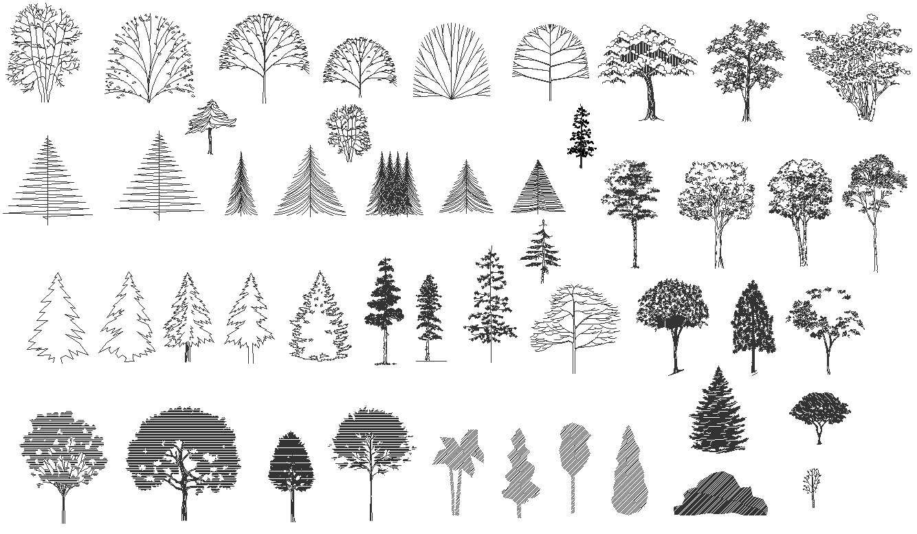 Different types of line art trees drawing 2d dwg autocad drawing ...